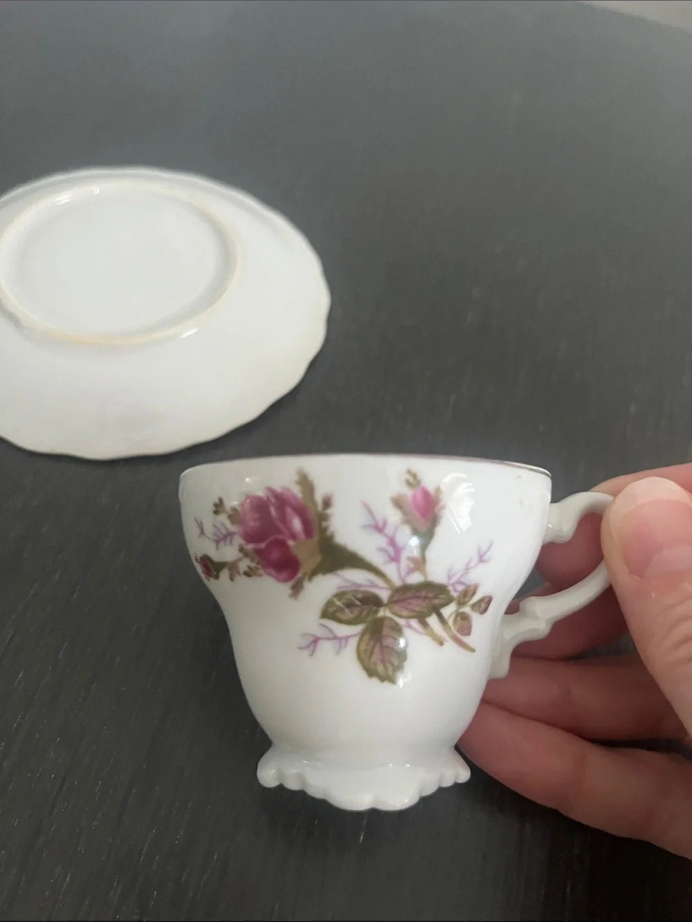 Vintage Floral Porcelain Teacup and Saucer - White with Pink Rose Accents
